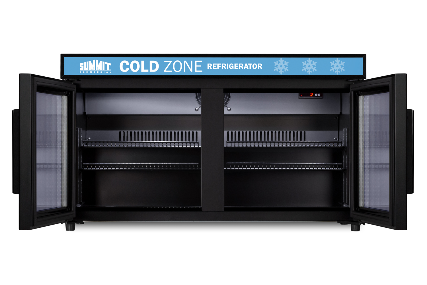 Countertop, shallow depth single-zone commercial refrigerator for freestanding use with French glass doors, black cabinet, digital controls, and LED lighting